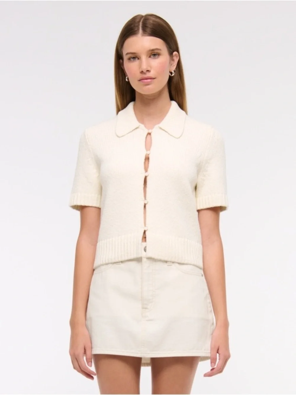 Abercrombie & Fitch Cream Short-Sleeve Pearl Button Collared Cardigan